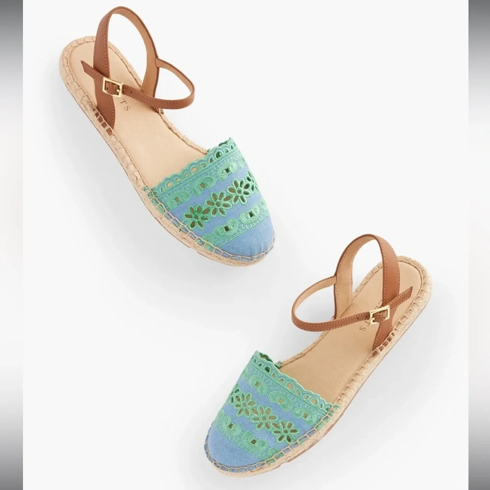 TALBOTS IZZY D'ORSAY CHAMBRAY EYELET ESPADRILLE SANDALS SIZE 9